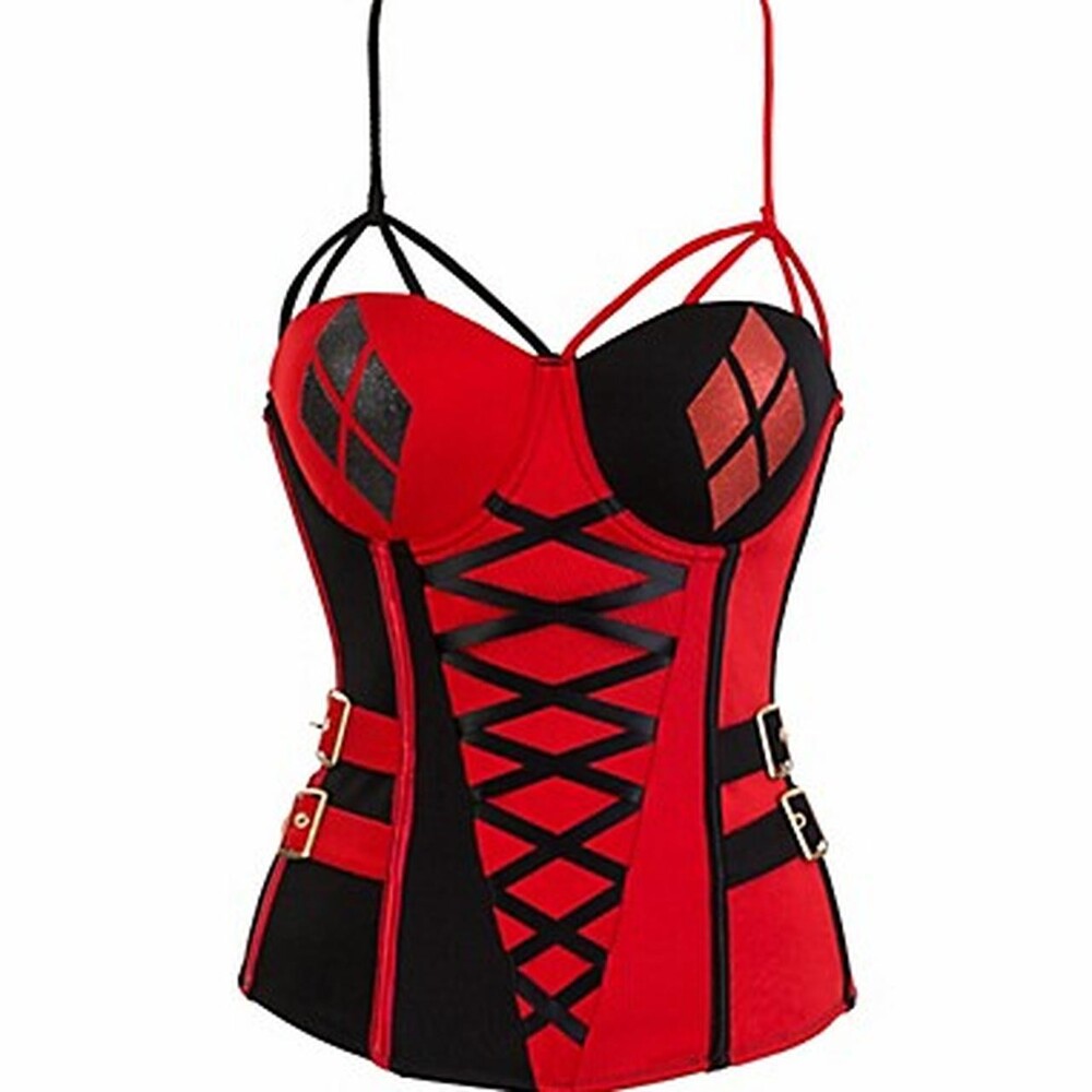 Harley Quinn Halloween Red & Black Lace-Up Corset Top Like New M/L - Mallet Incl